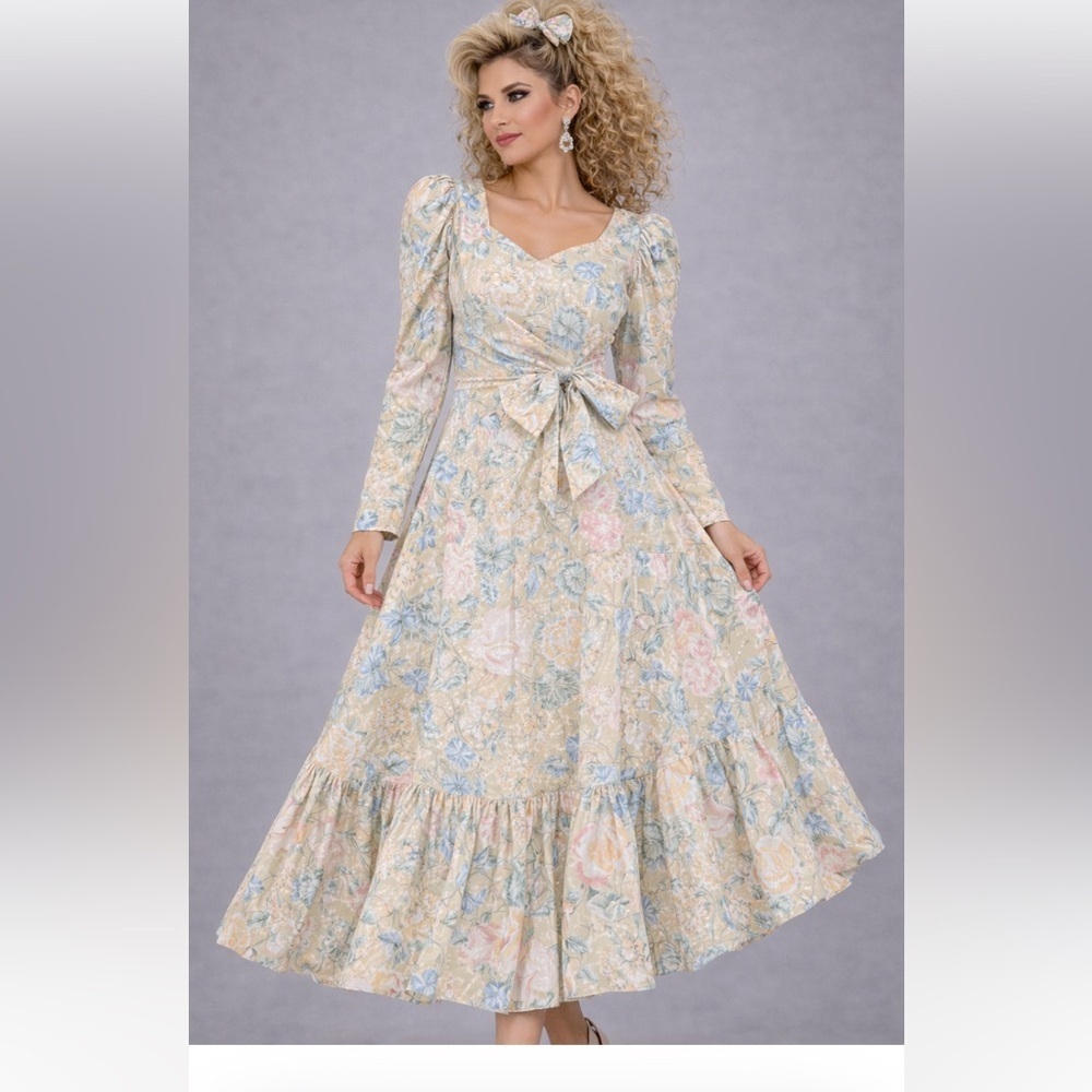 80s vintage 79s wrap floral dress cream maxi formal party retro glam winter act1